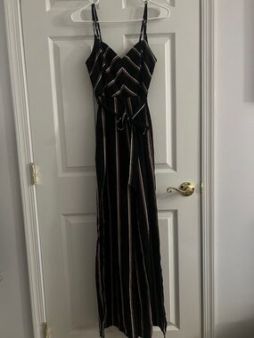 L'ATISTE Black Maxi Dress with Cream and Tan Stripes